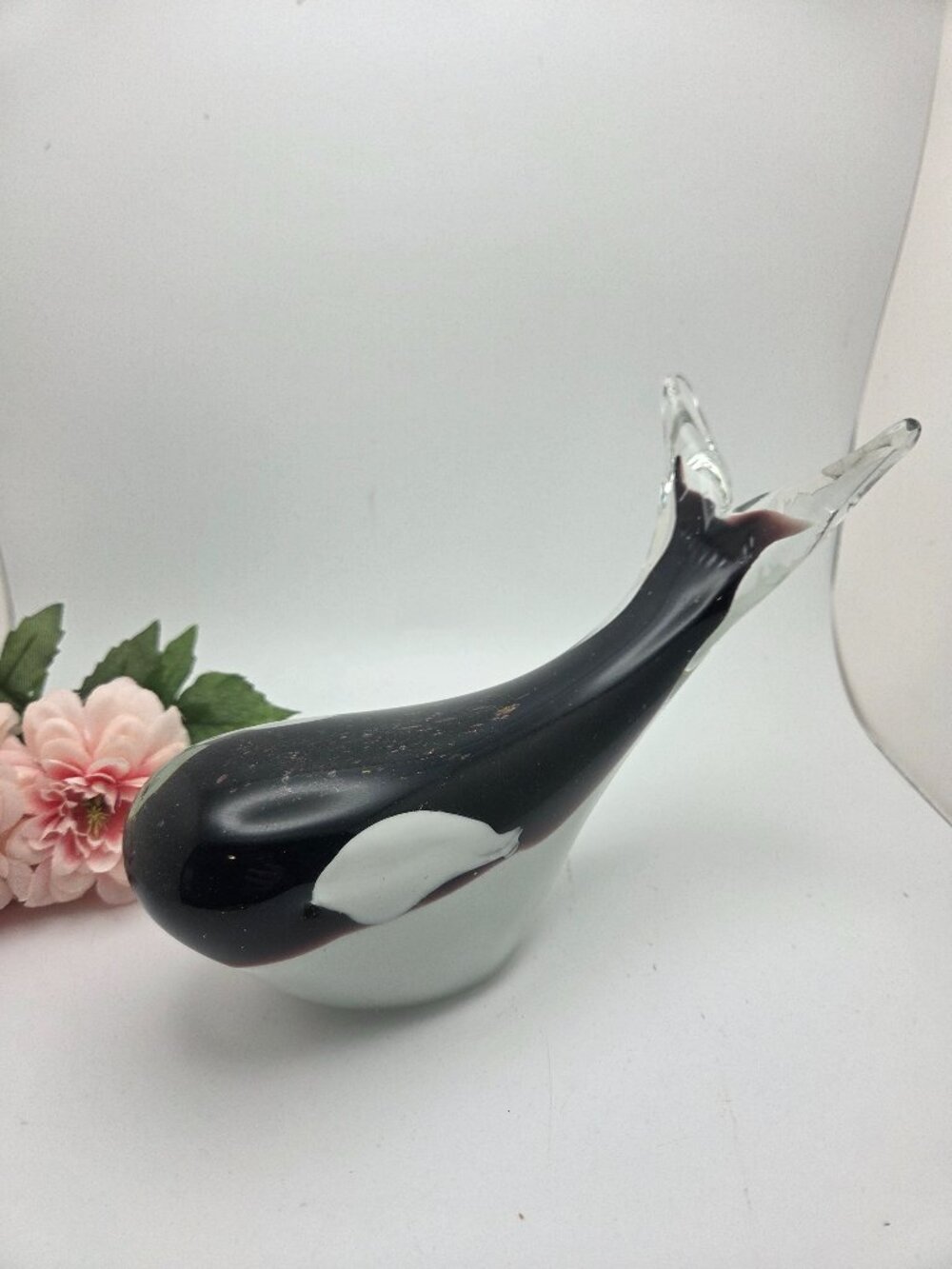 Vintage Art Glass Orca Black White Sculpture Marine Whale Figurine